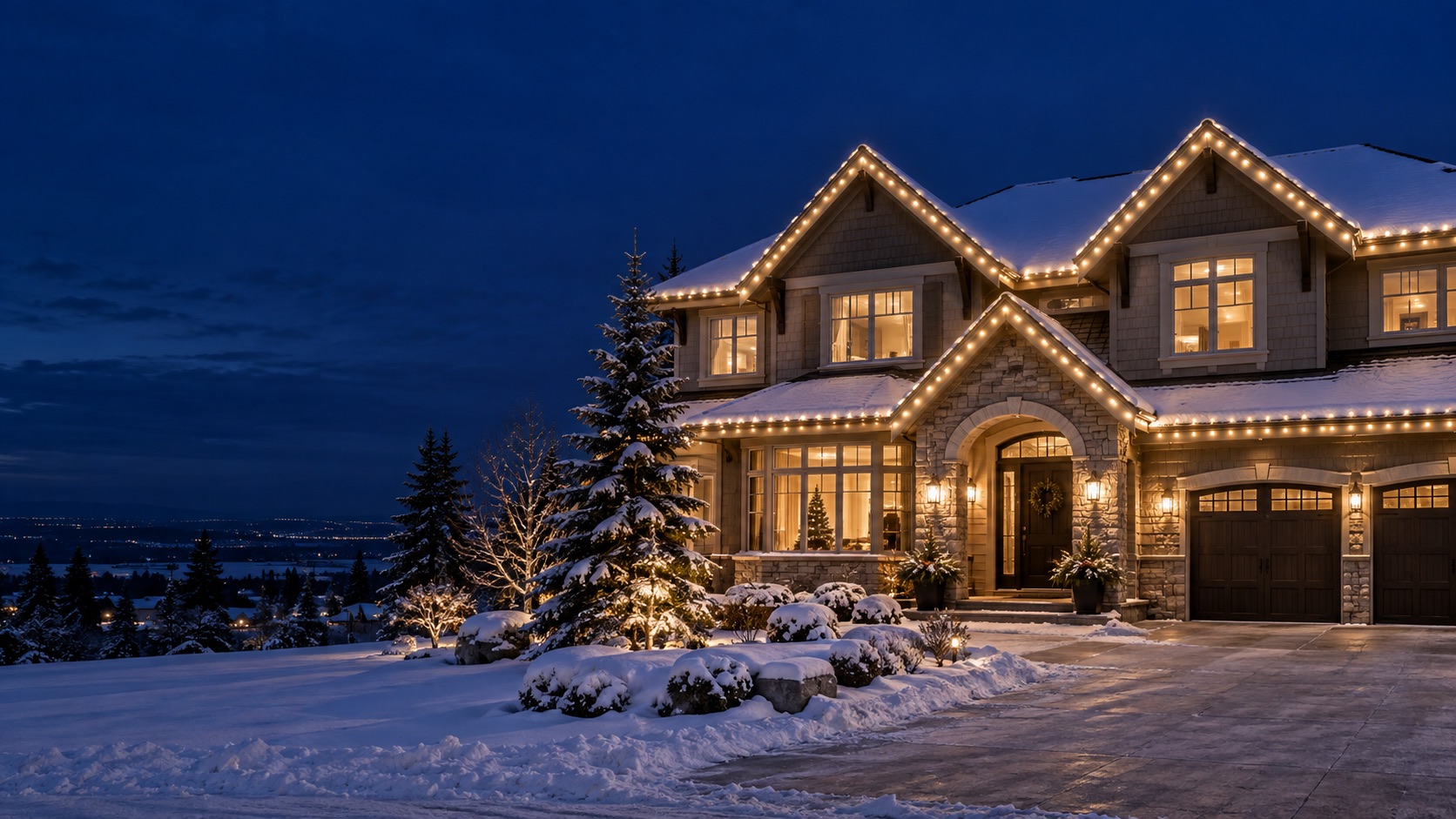 Illustrative winter home with warm-white lights along the roofline
